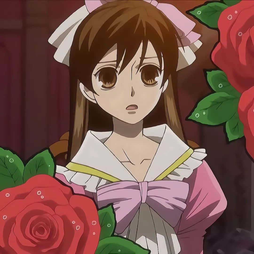 haruhi fujioka 桌布 壁紙 — 動畫女孩穿著粉紅色女僕裝，戴著白色蝴蝶結，在深色背景前手持紅玫瑰。