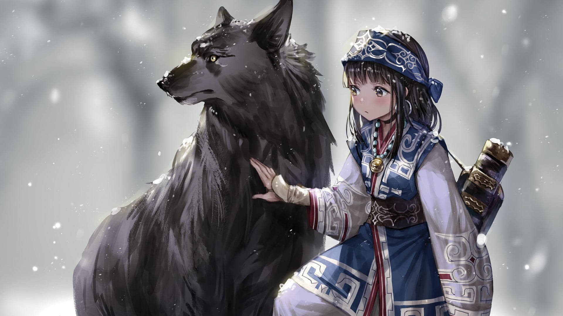 穿著傳統藍白服飾的女孩在雪地森林中撫摸黑狼。