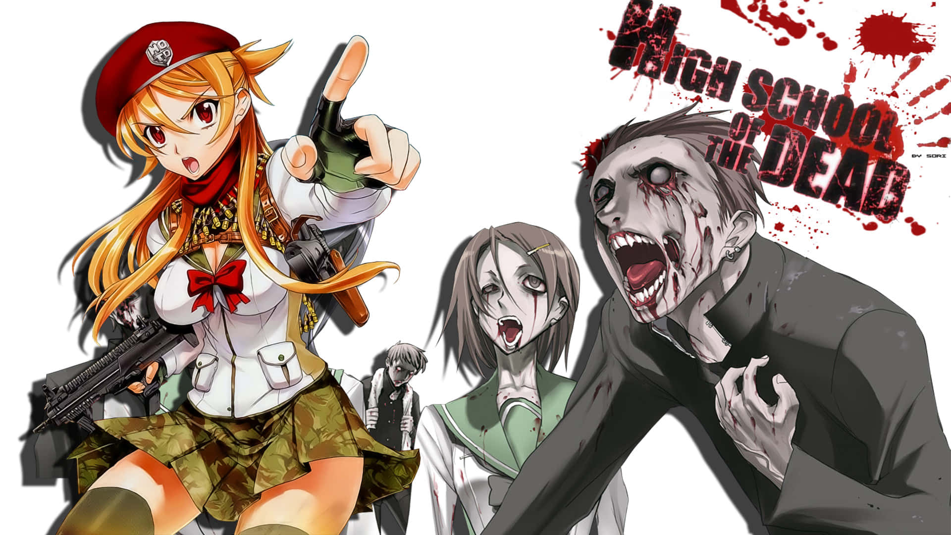 Highschool Of The Dead 桌布 壁紙 — 動畫女學生穿著校服，在血腥的高中場景中挑釁地指向殭屍同學。