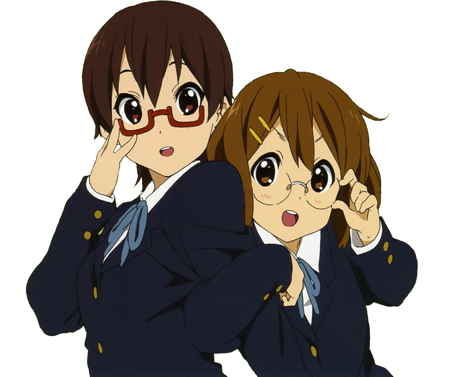 動畫女學生調校眼鏡 壁紙 — 兩個穿著校服嘅動漫女仔喺黑色背景前，帶住發光綠色閃粉，擺出調皮姿勢。