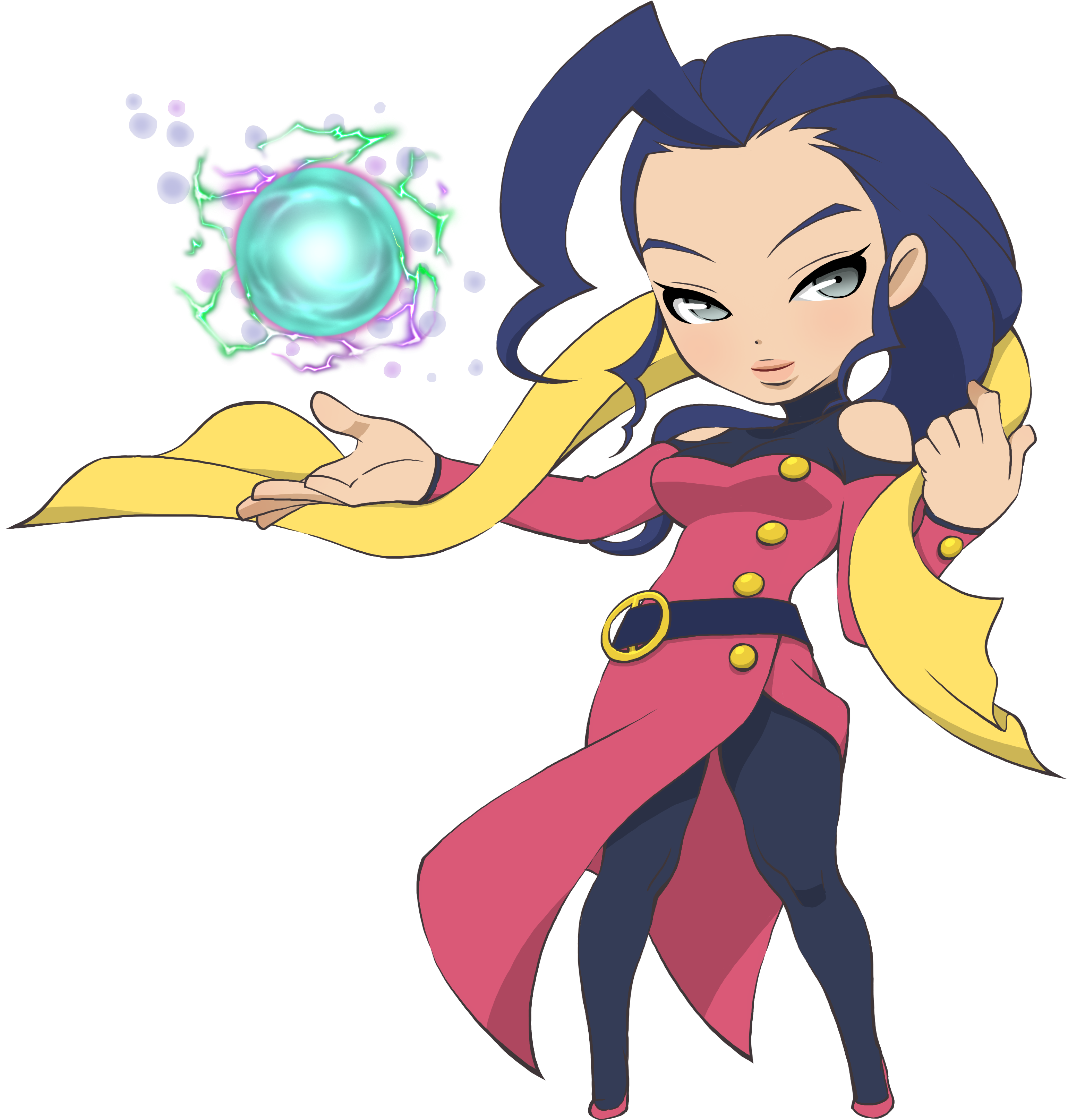動畫女性戰士施放能量球 壁紙 — 一個藍髮的Q版動漫女孩穿著粉紅色外套，手持一個發出綠色和紫色能量的發光魔法球。