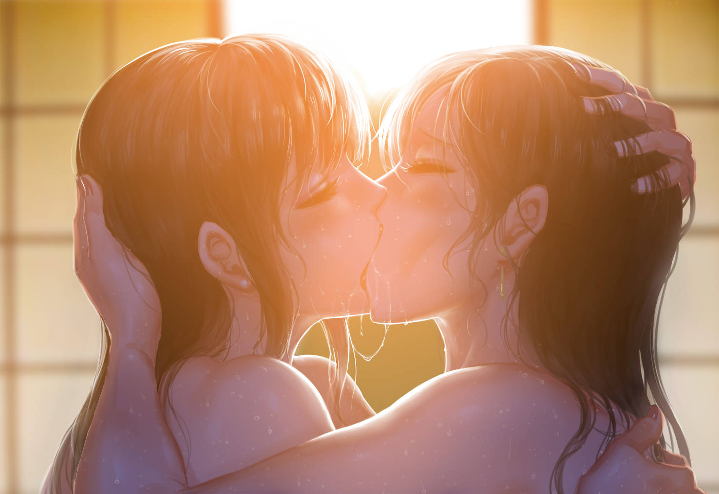 兩位女性在溫暖的金色夕陽餘暉中擁抱親吻，漂浮著粒子。