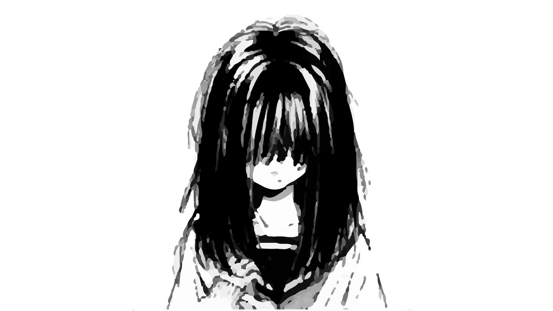 一個風格化的動漫女孩，長長的黑髮遮蓋她的臉，以黑白素描呈現。