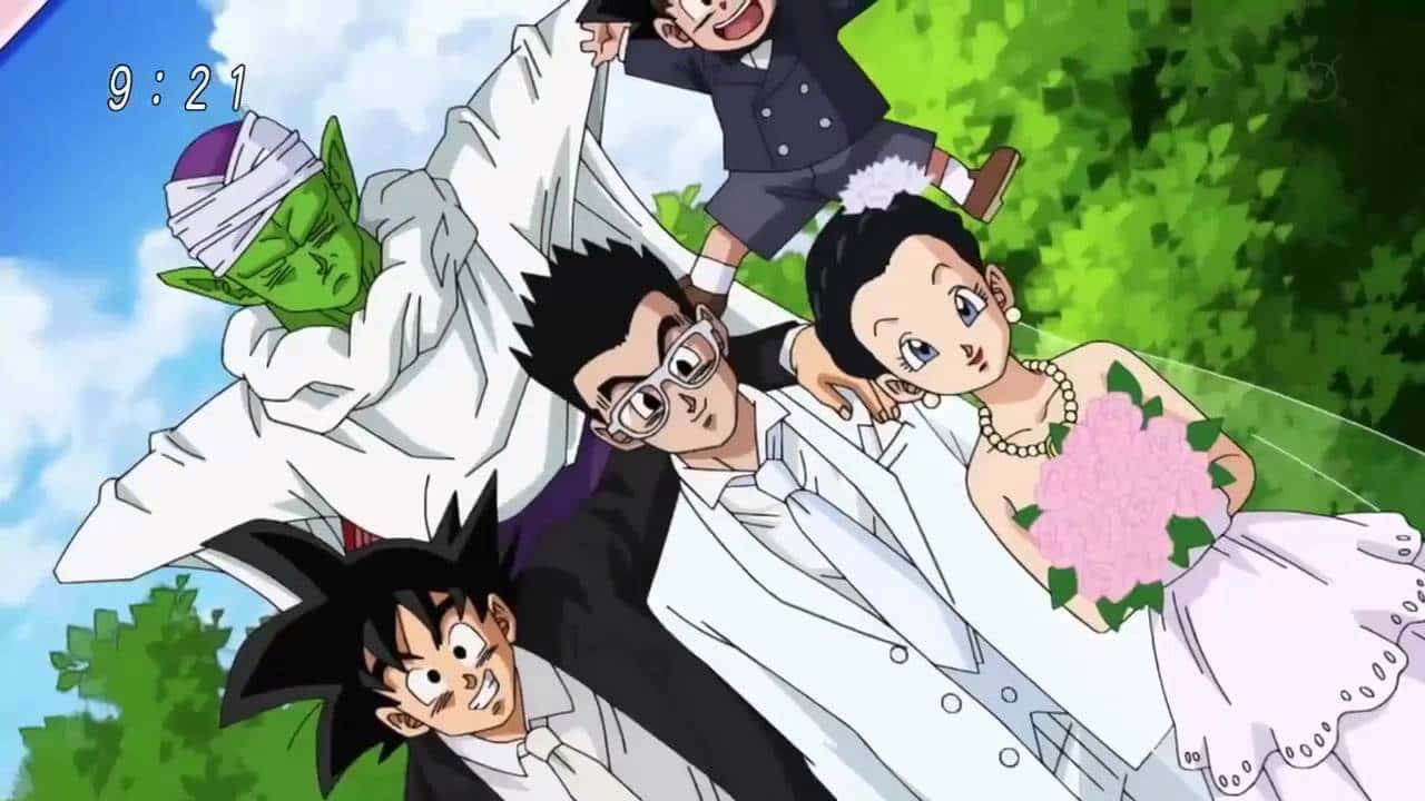 Videl 桌布 壁紙 — 動畫婚禮場景，悟空、悟飯、比達、布瑪和笛子魔童穿著白色婚紗在戶外藍天下。