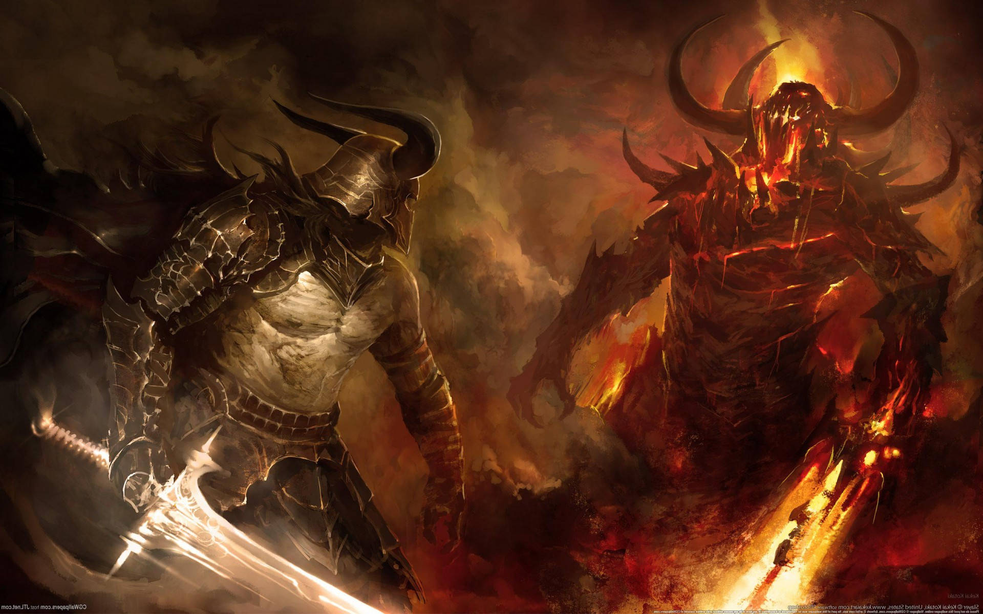 動畫對戰：騎士與惡魔 壁紙 — 一名身穿黑色盔甲的戰士在煙霧瀰漫的地獄戰場上對抗一隻火焰惡魔。