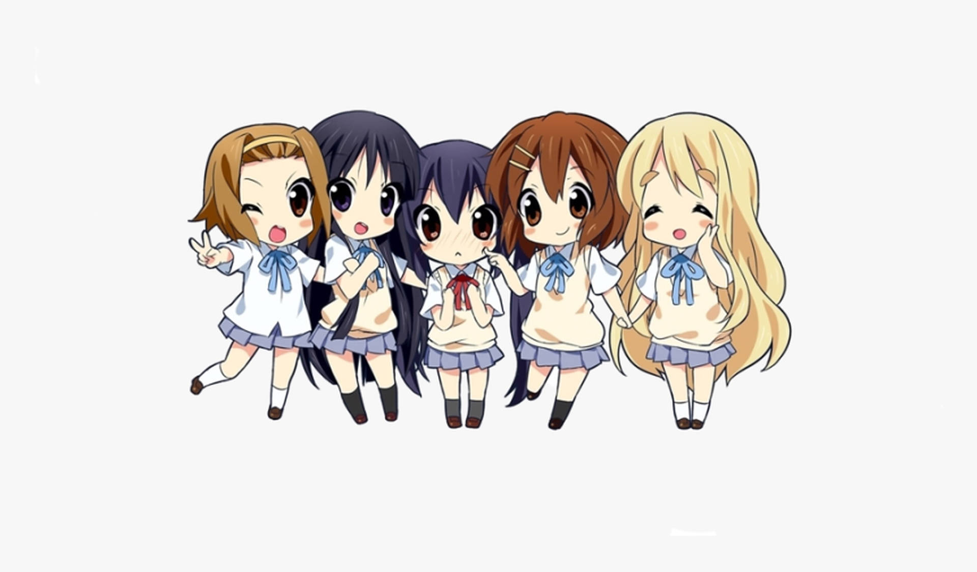 五個穿著校服的Q版動漫女孩開心地擺姿勢。