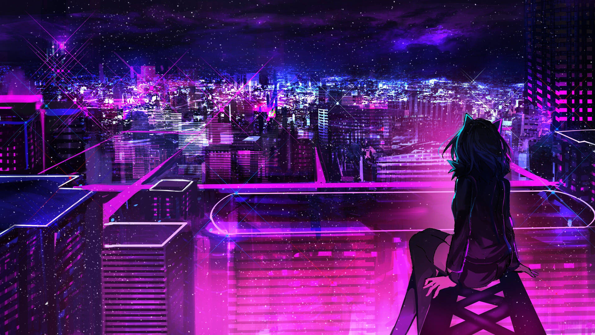貓耳動漫女孩凝視著夜晚發光的霓虹城市。
