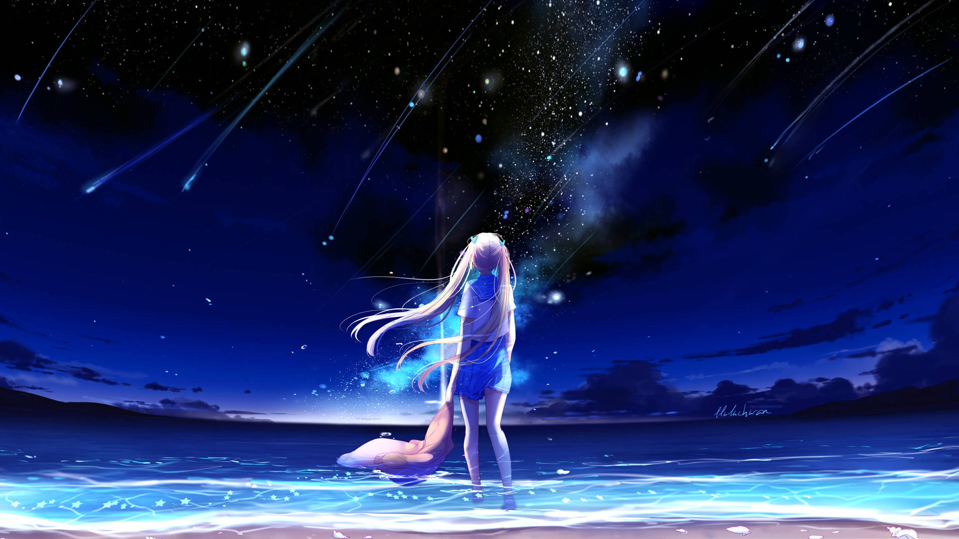 長髮動漫女孩站在閃爍的水中，在流星劃過的星空下。
