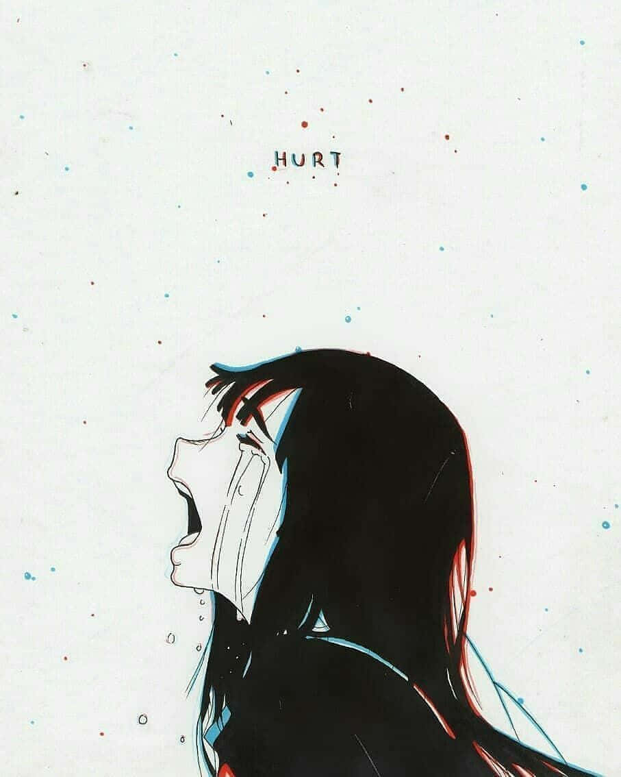 動畫少女淚灑心碎 壁紙 — 一個風格化的動漫女孩痛苦地尖叫，而「HURT」這個詞漂浮在她頭頂，周圍是色彩繽紛的油漆飛濺。