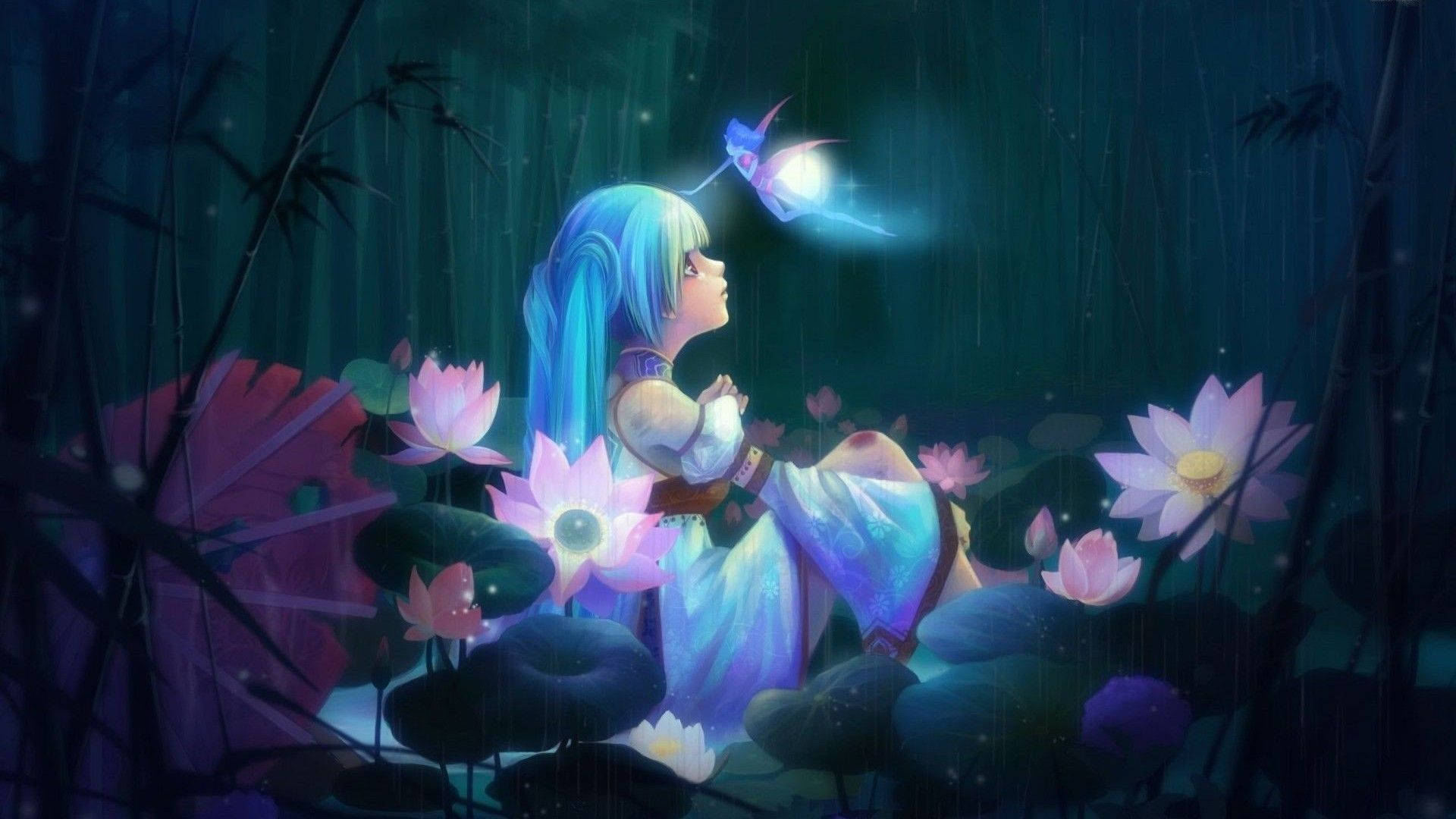 藍髮女孩在雨林中與發光蝴蝶和粉紅蓮花