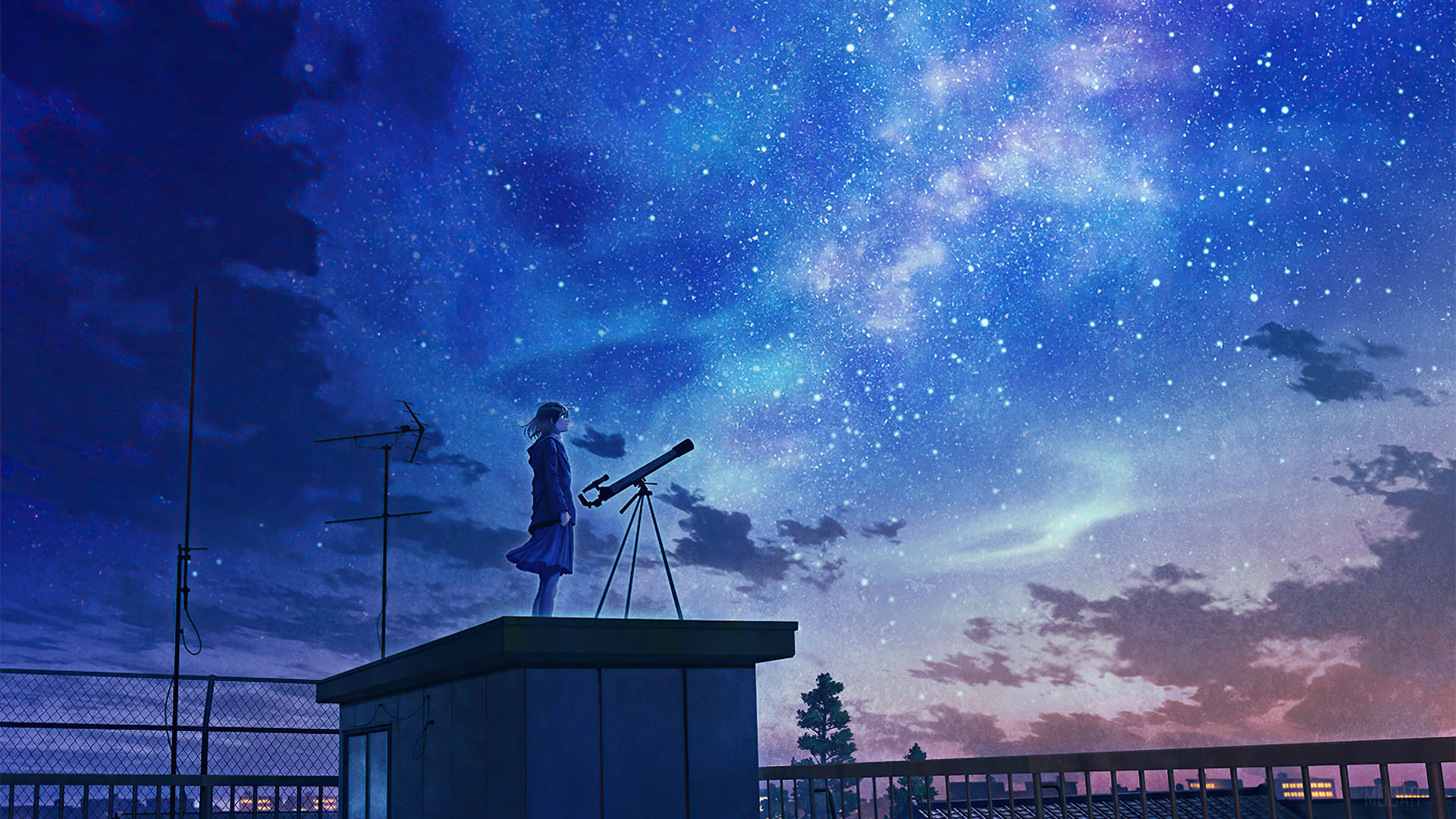 動漫女孩在屋頂上用望遠鏡觀看星空