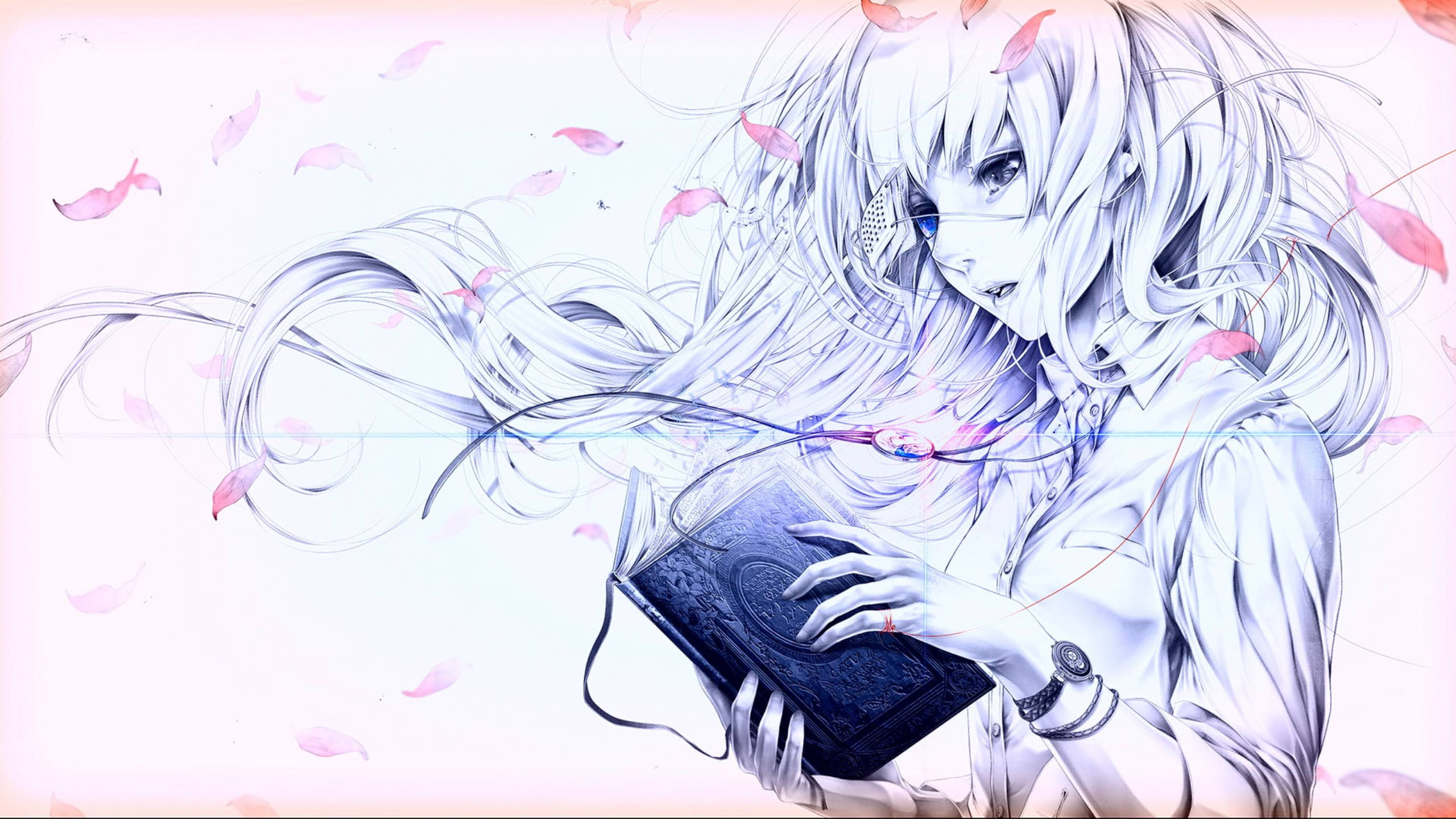 動畫少女閱讀黑書 壁紙 — 一個蒼白的動畫女孩，銀色長髮飄逸，手持一本深色書本，粉紅色花瓣在她周圍飄散，散發柔和夢幻的光芒。
