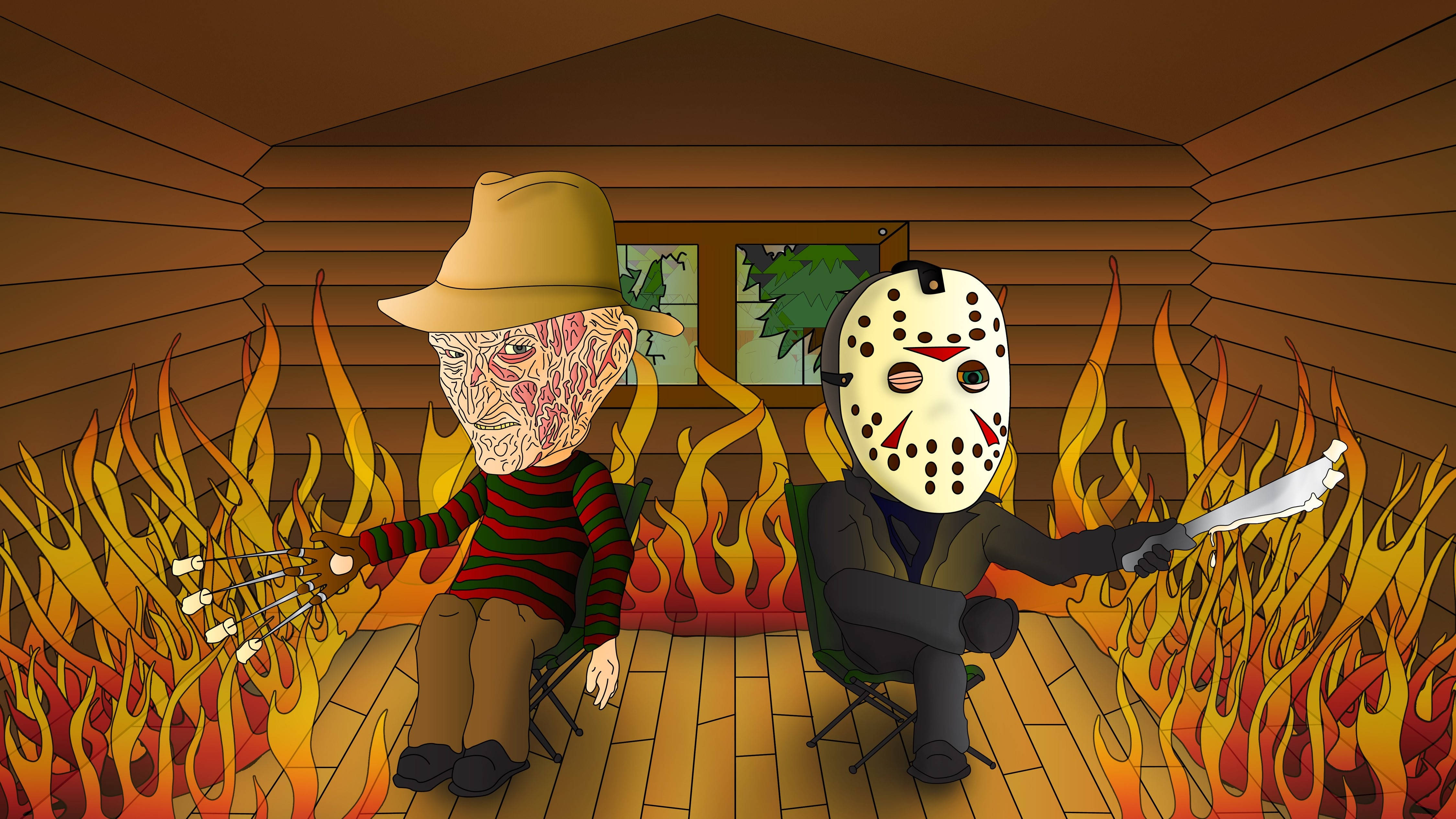 動畫弗雷迪·克魯格與傑森·沃赫斯 壁紙 — 兩個恐怖偶像 Freddy Krueger 和 Jason Voorhees 平靜地坐在木屋內被火焰包圍的椅子上。