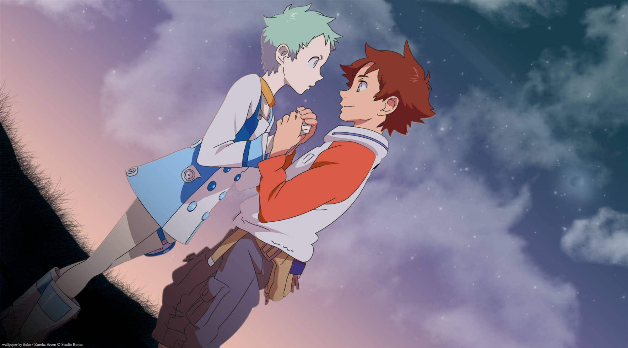 動畫情侶《Eureka Seven》 壁紙 — 兩個動漫角色喺佈滿星星嘅黃昏天空下，帶住柔和粉紅同紫色雲霞，互相凝視。