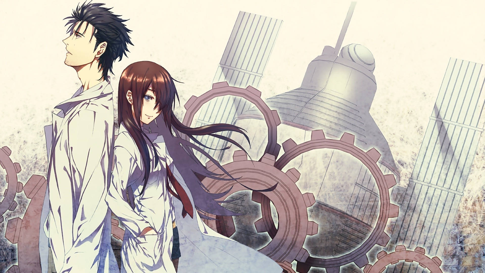 動畫情侶《Steins;Gate》 壁紙 — 兩個身穿白袍的動漫角色站在大型機械齒輪和工業結構前，以風格化插圖呈現。
