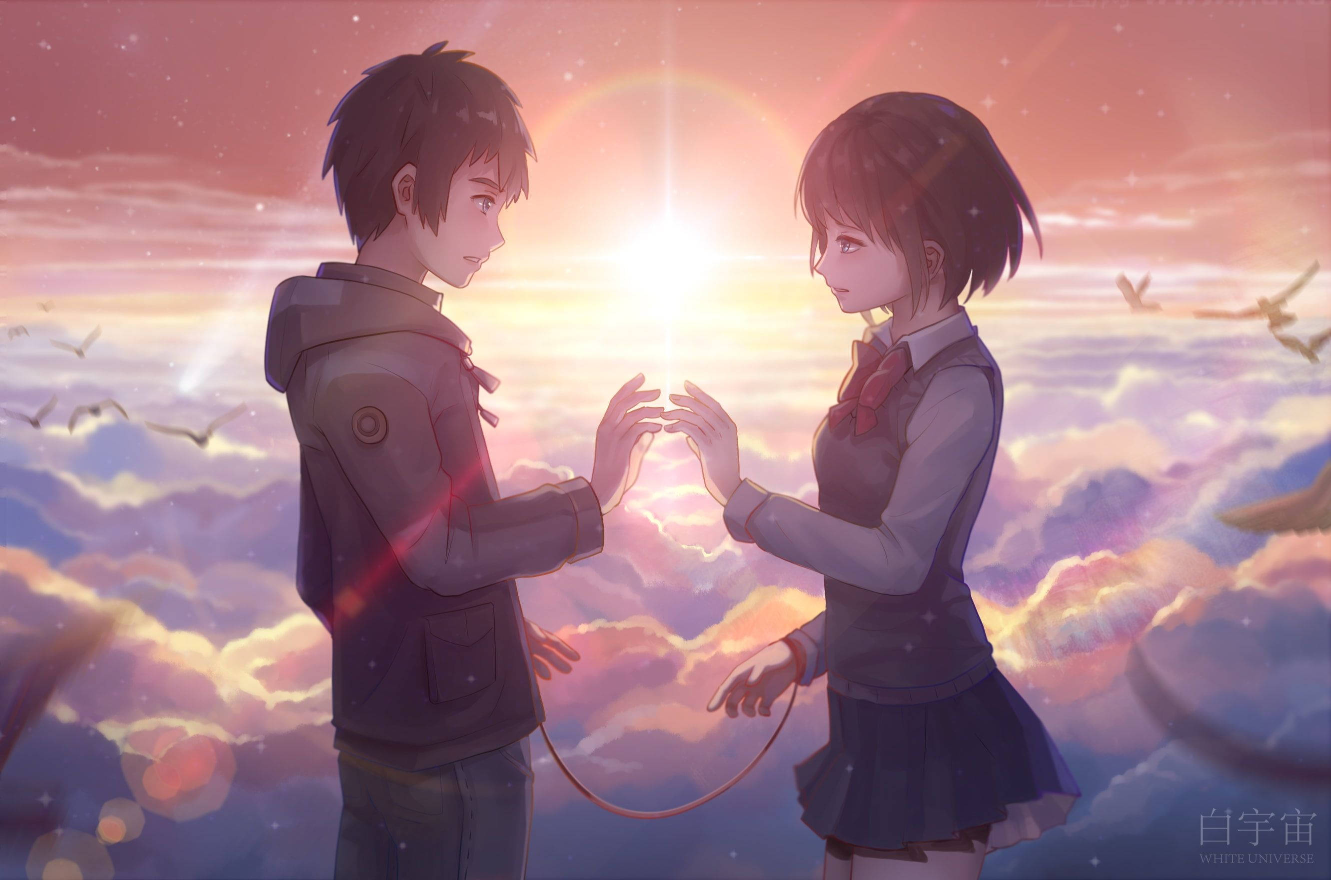 動畫情侶《你的名字。》 壁紙 — 一個男孩和一個女孩在雲端上伸手觸碰對方，太陽在他們身後發光。