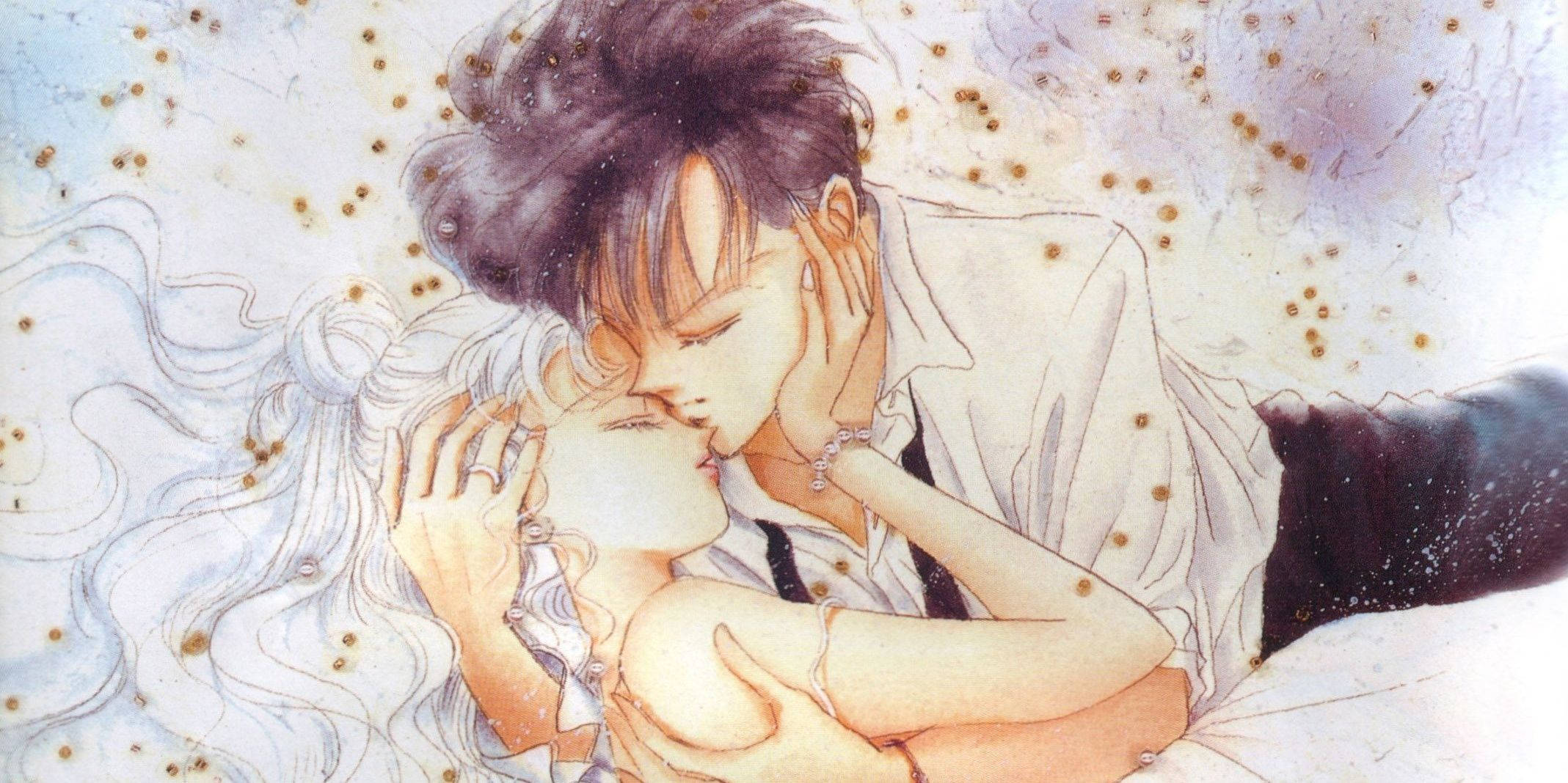 動畫情侶：美少女戰士 壁紙 — 一對溫柔的動漫情侶在柔和發光粒子背景中親密接吻。