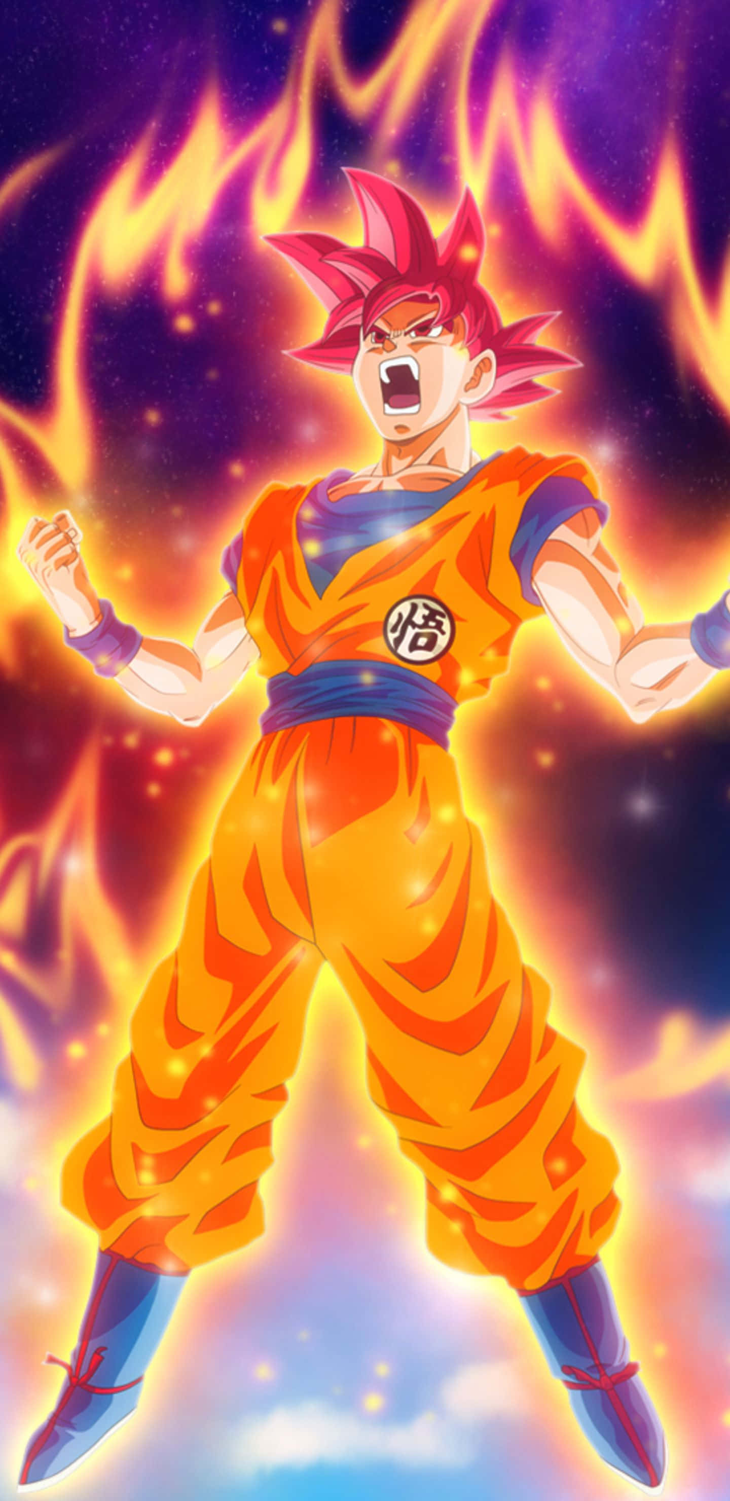 Dragon Ball Z Characters 桌布 壁紙 — 動畫戰士悟空以超級賽亞人神形態咆哮，散發火焰光環，背景是宇宙星空。