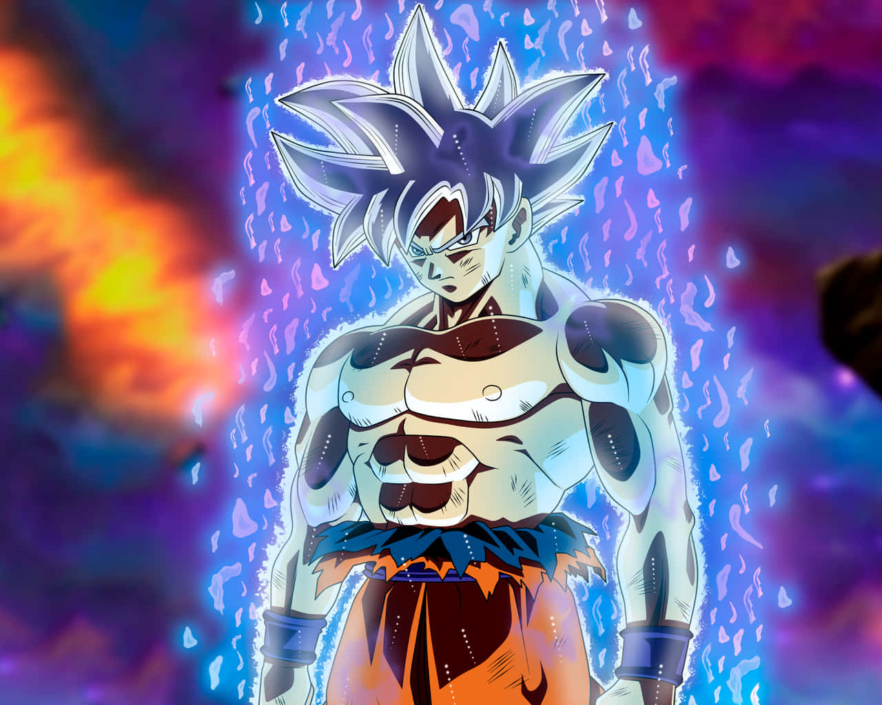 Mui Goku 桌布 壁紙 — 動畫戰士悟空以超級賽亞人藍色形態，在熾熱的宇宙背景下散發出藍色能量。