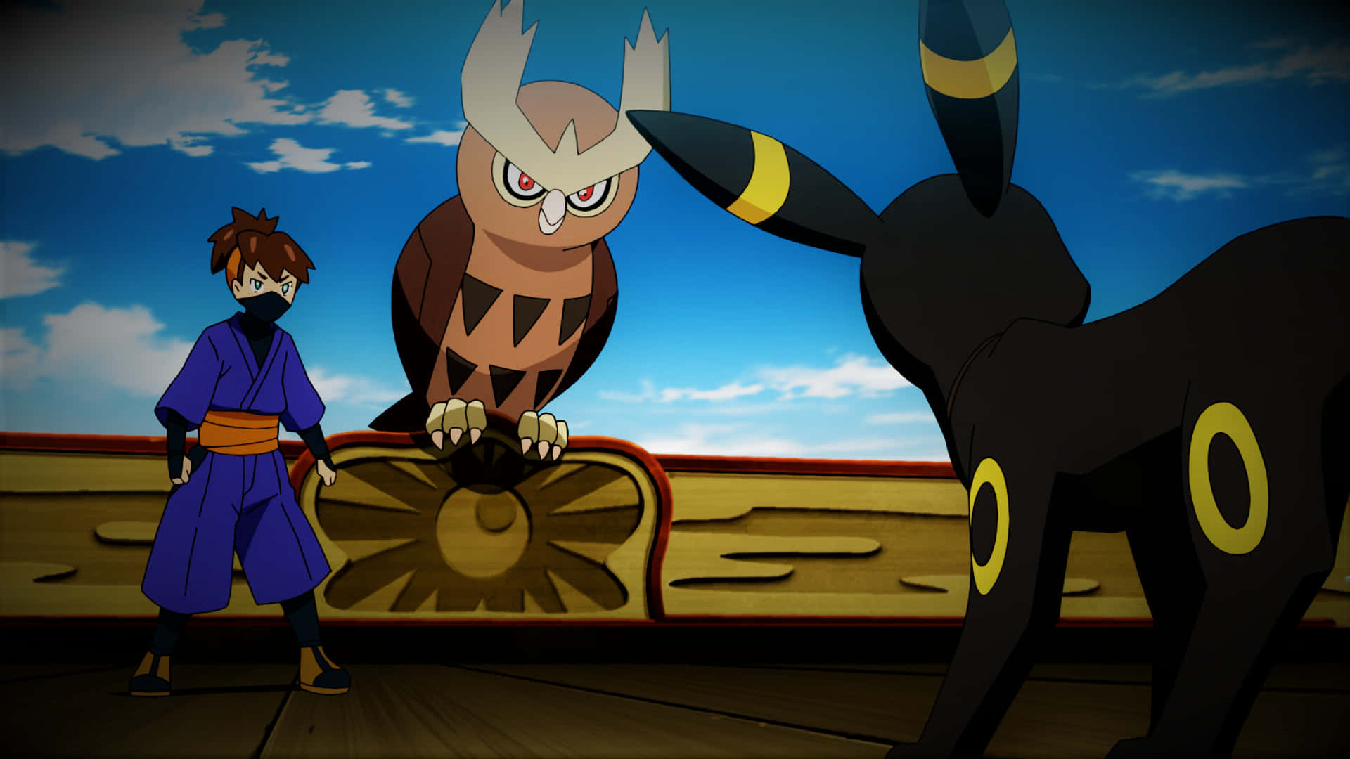 動畫戰鬥場景：Noctowl 與 Umbreon 訓練家 壁紙 — 一個年輕忍者站在一隻大型貓頭鷹寶可夢和一隻黑色狗寶可夢旁邊，在木製甲板上，天空湛藍。