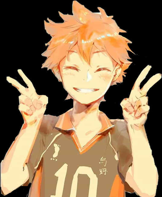 動畫排球選手勝利姿勢 壁紙 — 動漫男孩，橙色尖刺頭髮，在黑色背景前雙手比出和平手勢，咧嘴大笑。