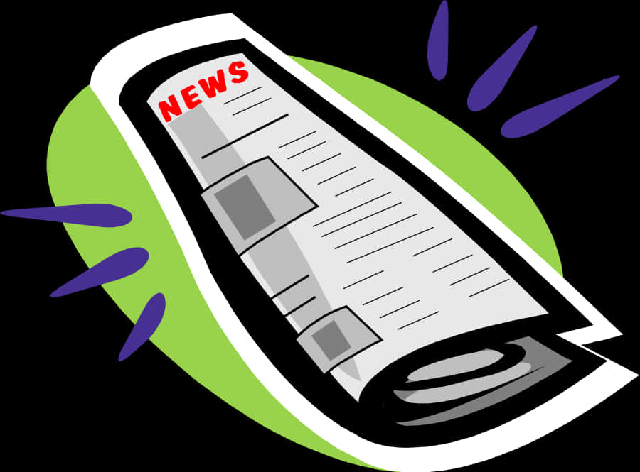 動畫新聞報紙圖形 壁紙 — 一份風格化的捲報紙，帶有紅色「NEWS」標題，在黑色背景上動態旋轉，帶有綠色和紫色的運動條紋。