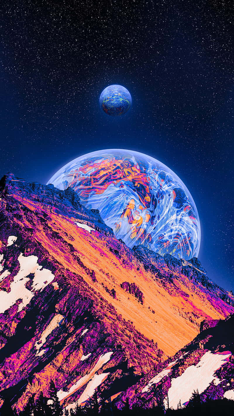 霓虹色的山脈在發光的行星和月亮下，星空。