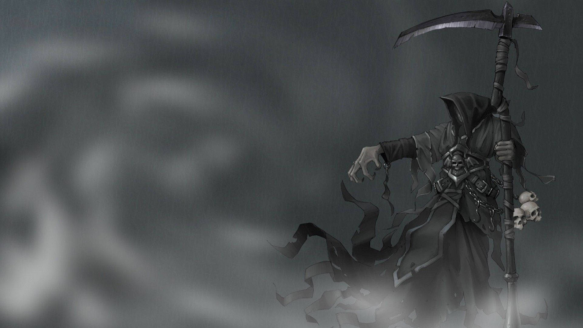 死神手持鐮刀和頭骨，在暴風雨般的灰色迷霧中。