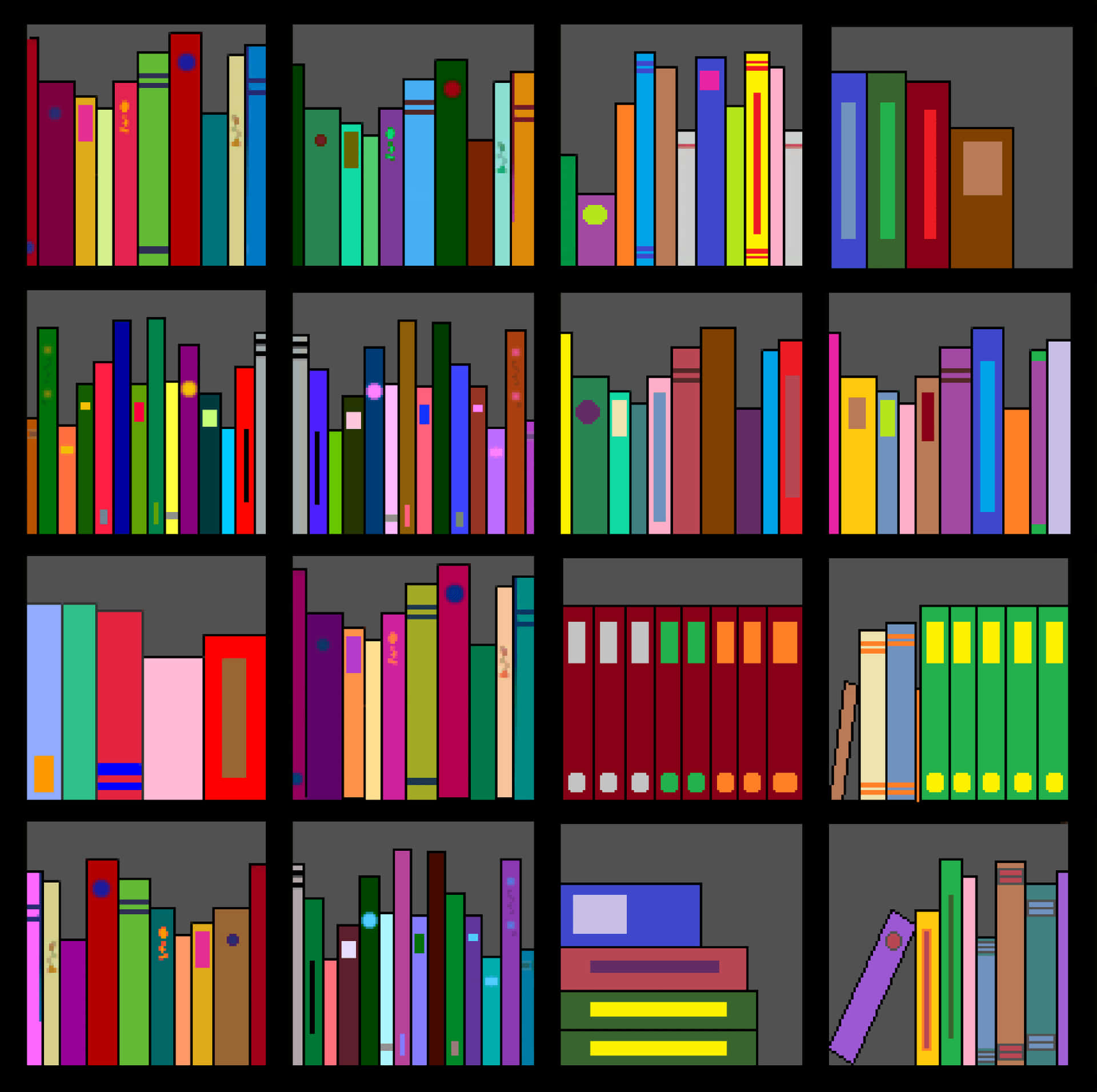 一個色彩繽紛的數位插圖，展示裝滿各種色調書籍的書架。