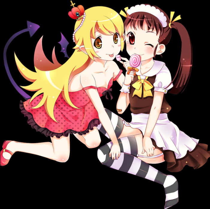 動畫朋友分享棒棒糖 壁紙 — 兩個動漫女孩，一個有惡魔尾巴和紅色連衣裙，另一個穿著女僕裝拿著棒棒糖，背景為黑色。