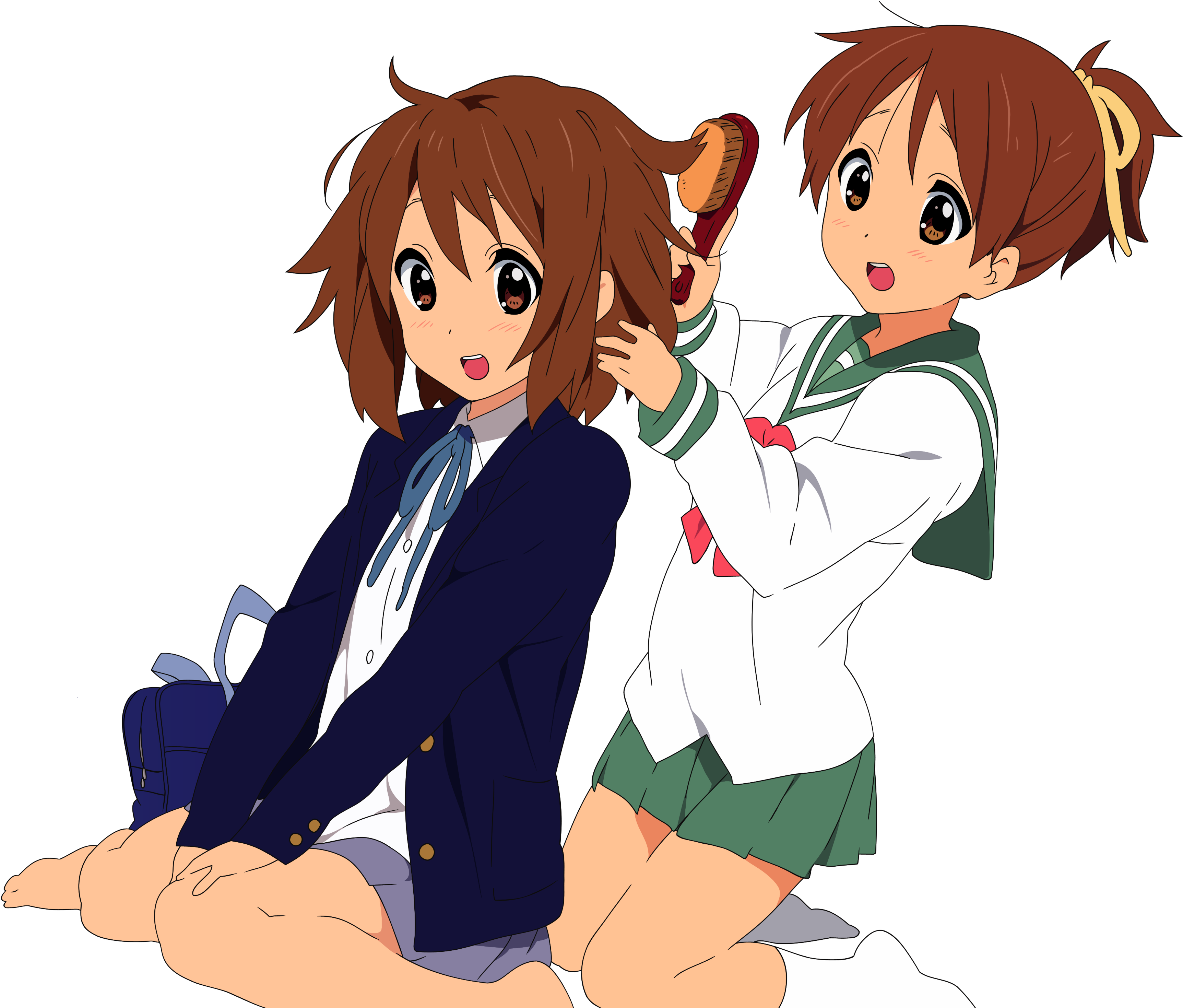 動畫朋友梳頭 壁紙 — 兩個穿著校服的動漫女孩，一個在黑色背景前為另一個梳頭。