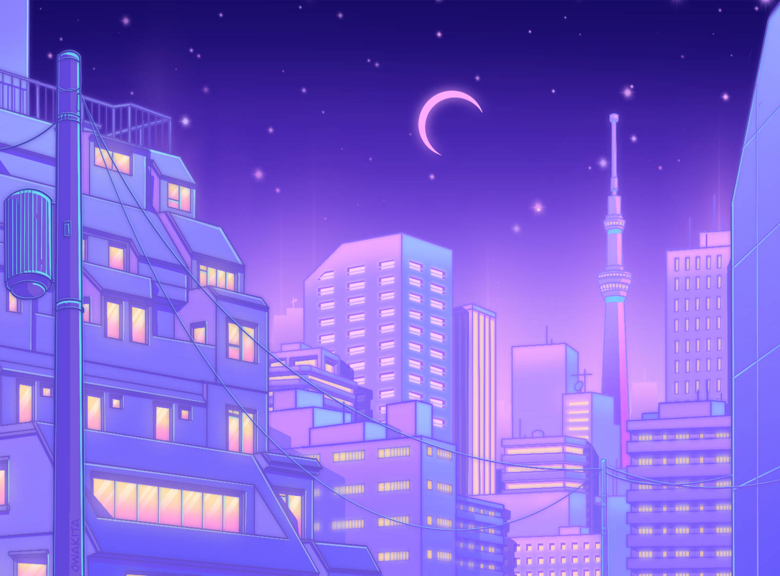 動畫東京夜景風 壁紙 — 霓虹燈閃爍的動畫城市夜景，發光的窗戶和彎月映襯在繁星點點的紫色天空下。