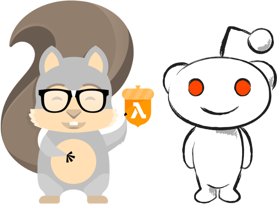 動畫松鼠與機器人朋友 壁紙 — 一隻戴眼鏡的卡通松鼠拿著帶有 lambda 符號的橡果，旁邊是一個微笑的白色外星人吉祥物。