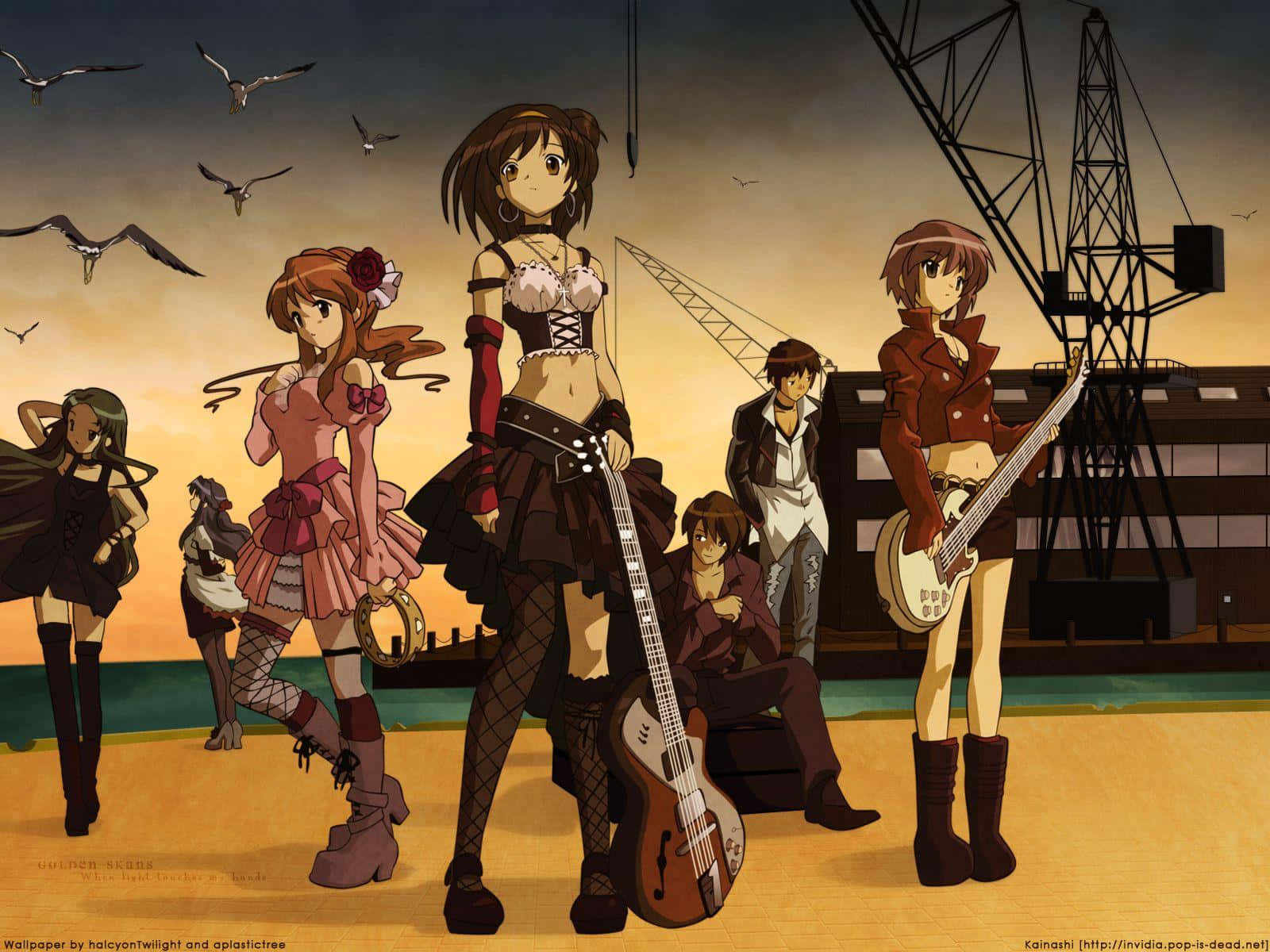 The Melancholy Of Haruhi Suzumiya 桌布 壁紙 — 動畫樂隊成員在日落時分於碼頭上擺姿勢，頭頂有鶴和海鷗飛過。