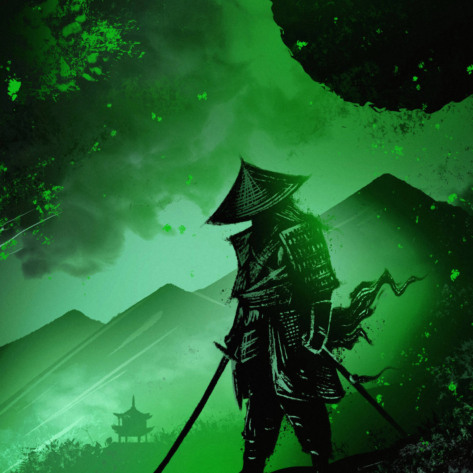 武士剪影站在山上，綠色天空和寶塔
