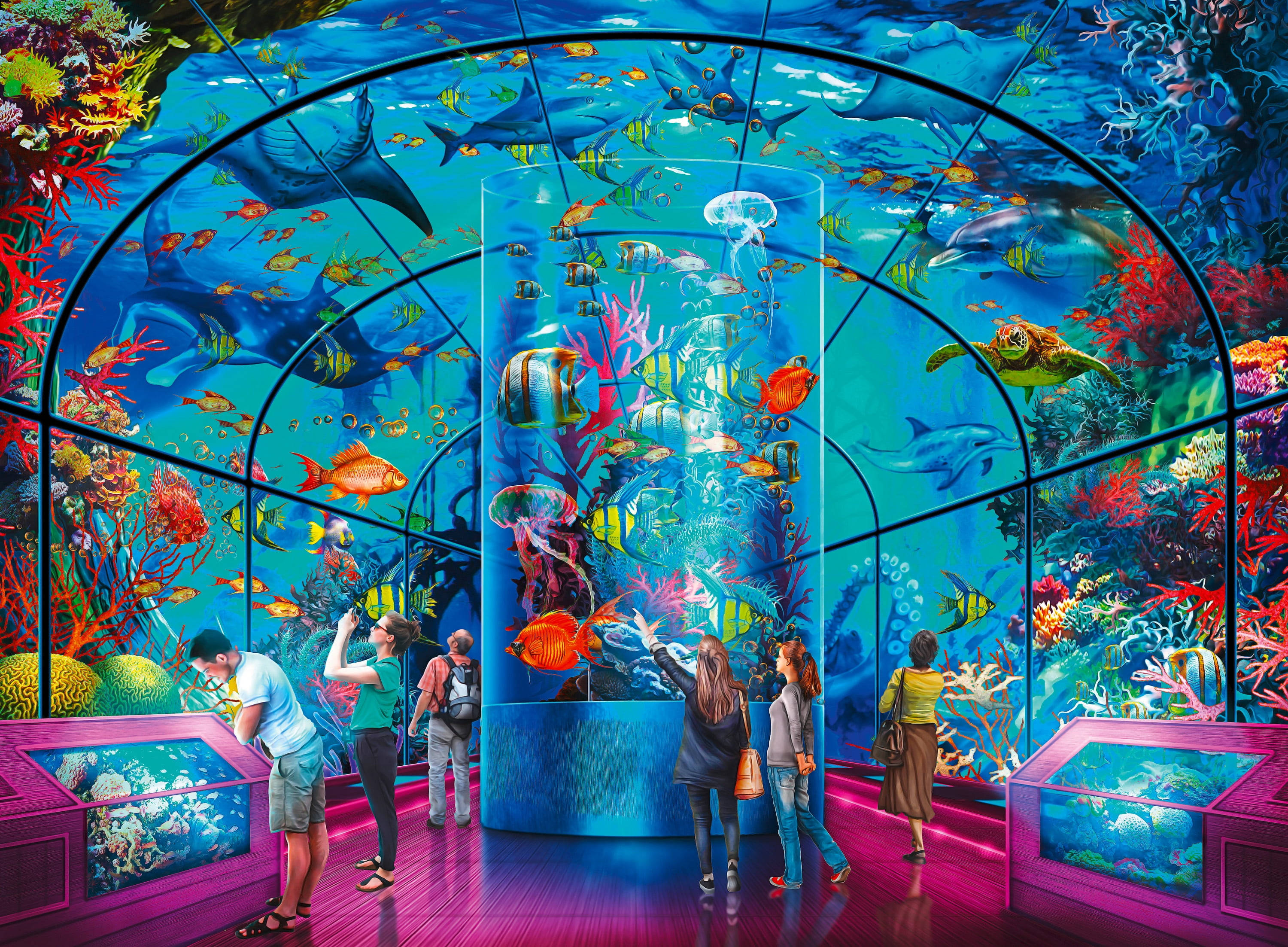 動畫水族館展覽 壁紙 — 遊客探索一個充滿色彩繽紛的魚類、珊瑚和海洋生物的水族館水下隧道。