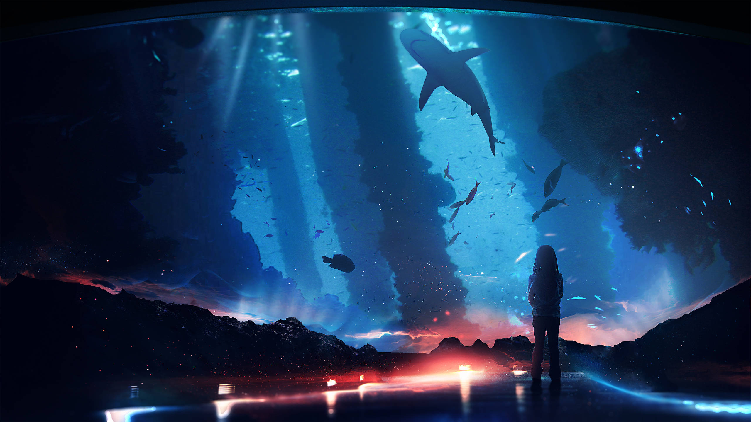 動畫水族館風景 壁紙 — 一個孤獨的身影站在巨大的水下窗前，觀看鯊魚和魚群在藍色光束中穿梭。