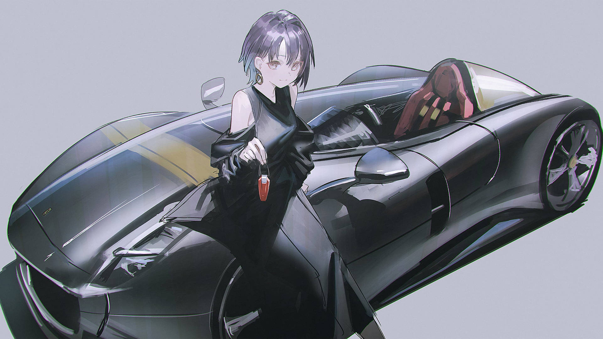 黑衣動漫女孩手持車匙，站在時尚黑色跑車旁邊。