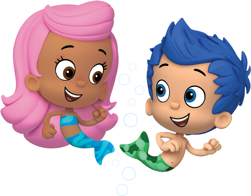 動畫海之友 壁紙 — 兩個快樂的卡通美人魚小孩，一頭粉紅色和藍色的頭髮，在黑色背景中快樂地游過氣泡。