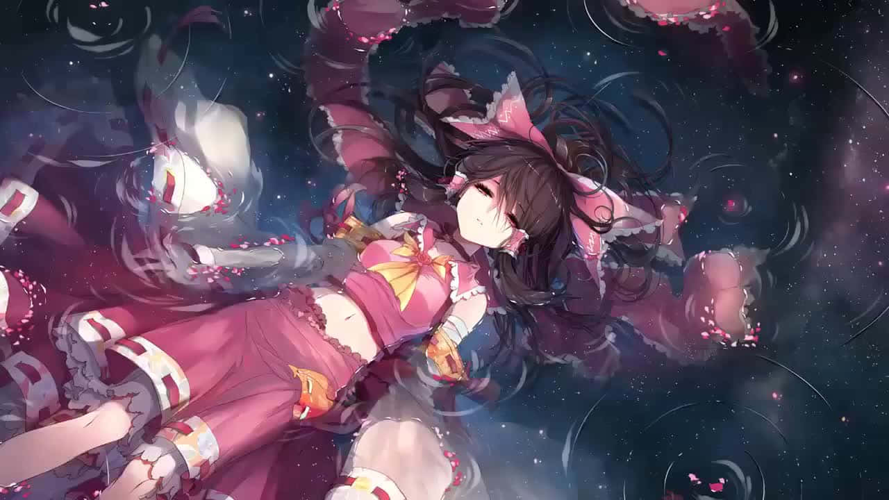 動漫女孩穿著粉紅色連衣裙，在星空宇宙空間中漂浮，周圍有旋轉的花瓣。