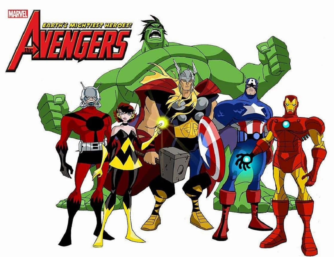 Earth's Mightiest Heroes 桌布 壁紙 — 動畫版Marvel復仇者聯盟團隊英勇擺姿勢，浩克在他們身後聳立，背景為白色。
