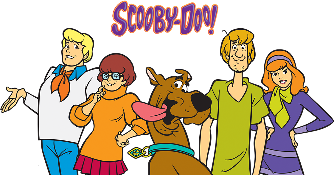 動畫版史酷比小隊 壁紙 — 經典Scooby-Doo卡通團隊在節目標題下對著黑色背景愉快地擺姿勢。