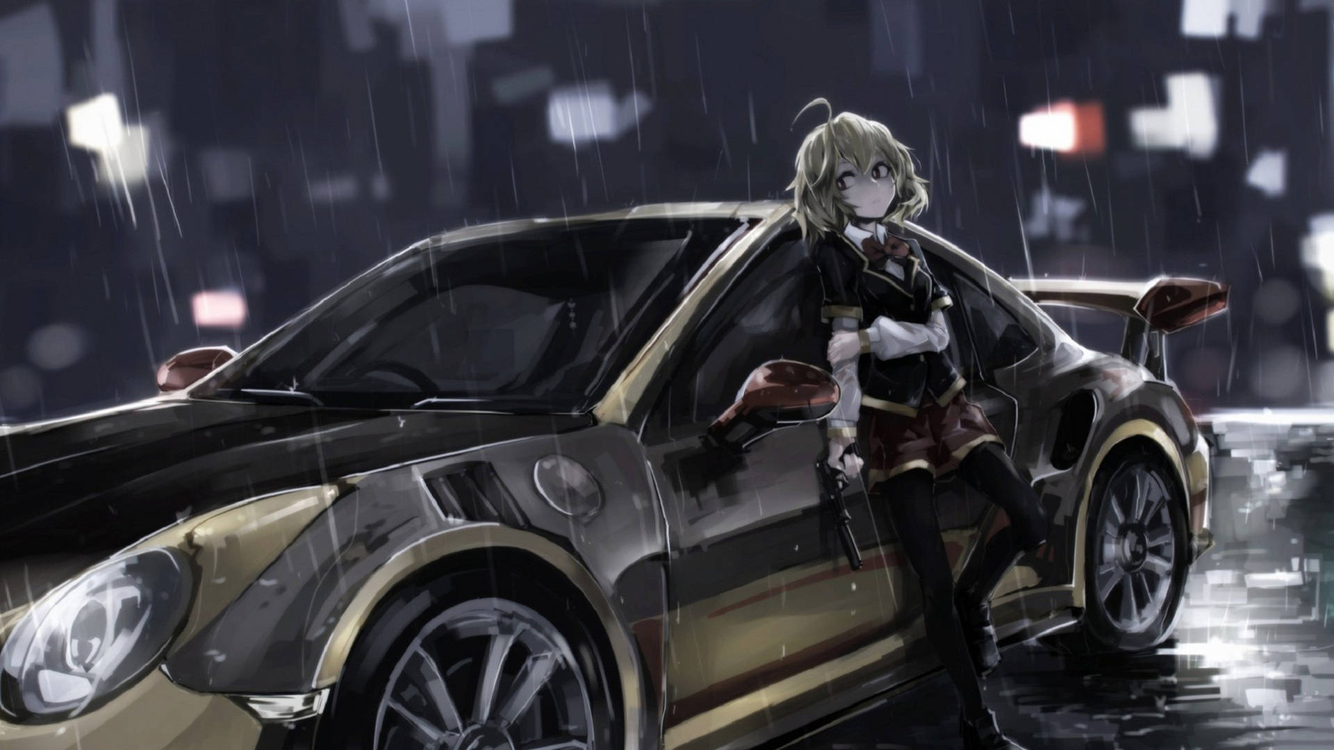 動漫女孩在雨夜的城市中靠在跑車上。