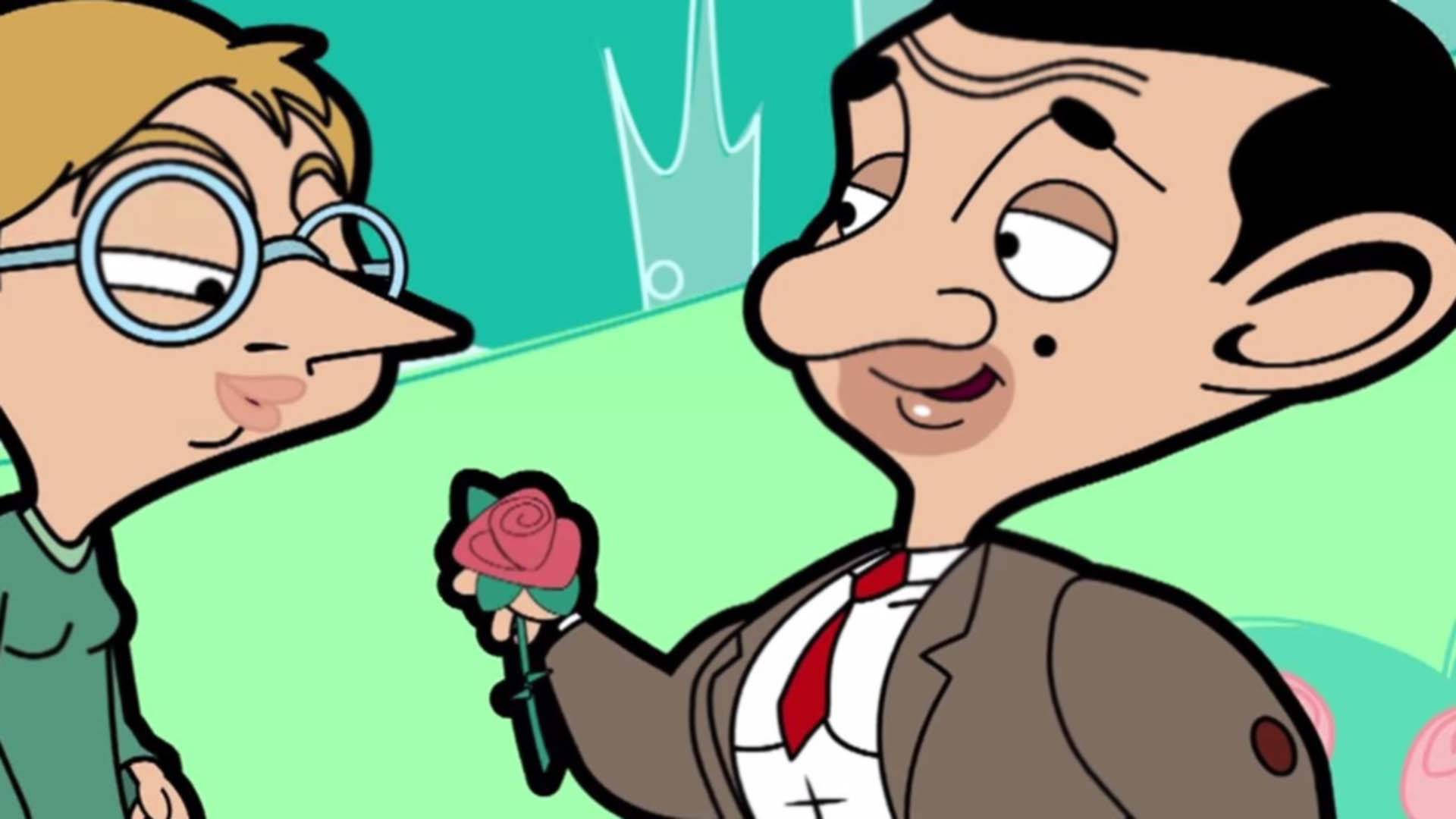 動畫版肌肉憨豆先生 壁紙 — Mr Bean 向戴眼鏡的女孩獻上一朵粉紅玫瑰，在明亮的卡通場景中。