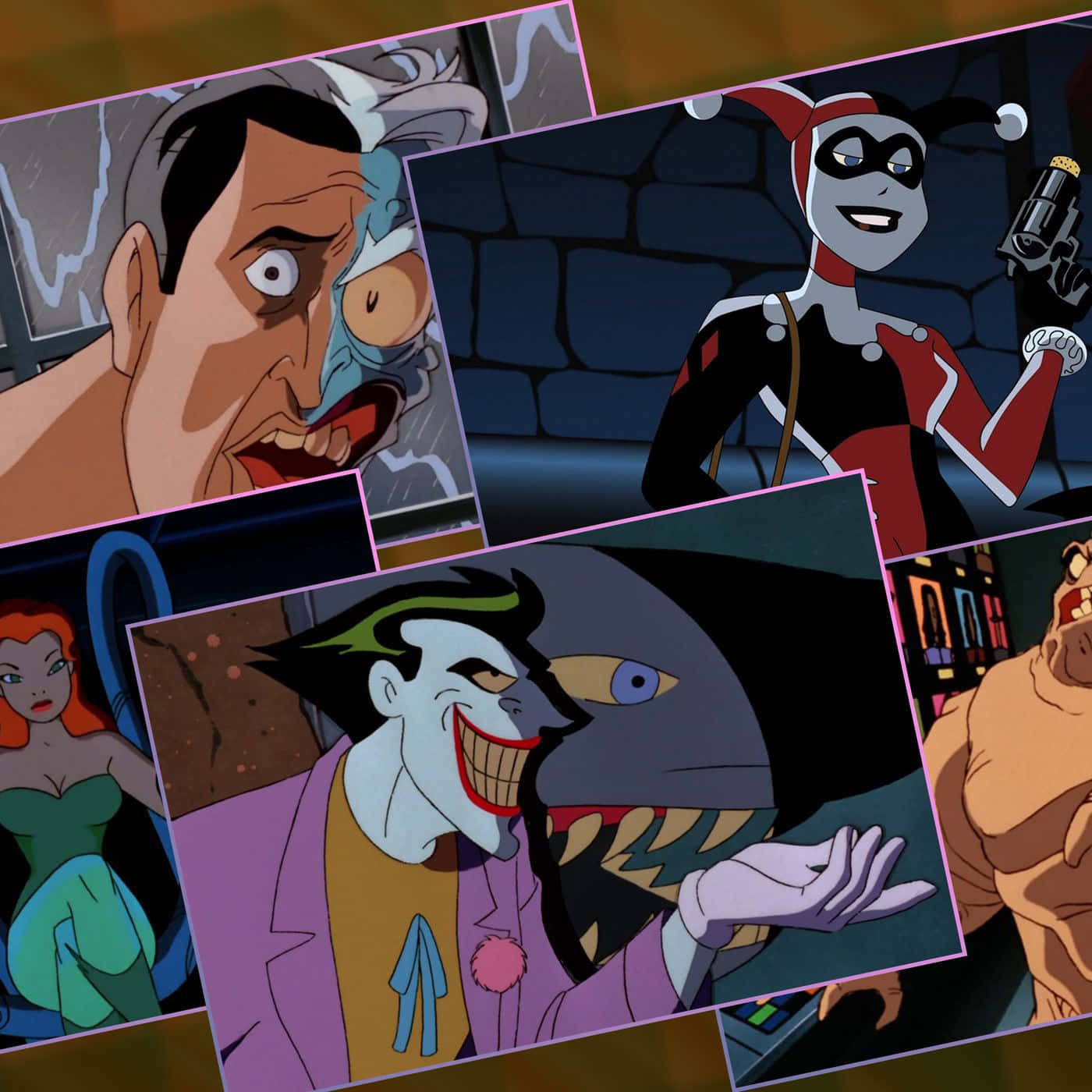 Cartoon Villains 桌布 壁紙 — 動畫版蝙蝠俠反派嘅拼貼畫，包括小丑、哈莉·奎茵同雙面人，以戲劇性嘅特寫呈現。