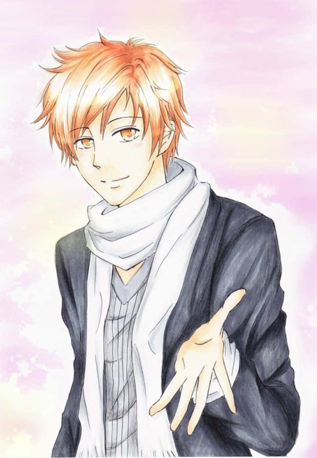 Kaoru Hitachiin 桌布 壁紙 — 動畫男孩，橙色頭髮，溫暖的眼睛，戴著白色圍巾，在柔和的粉紅色天空下溫柔微笑。