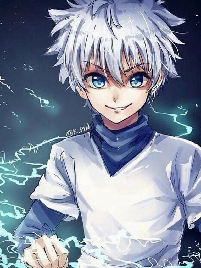 Killua Pfp 桌布 壁紙 — 動畫男孩，銀色尖刺頭髮和明亮藍色眼睛，在黑暗背景中微笑，周圍有發光的電能。