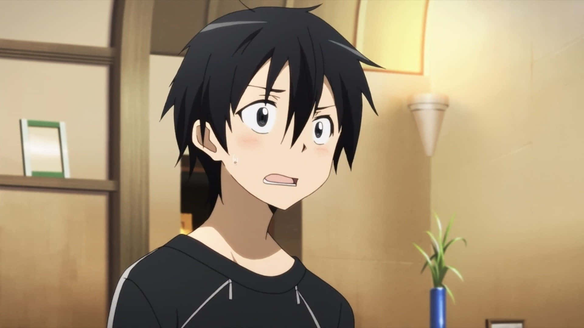 Kazuto Kirigaya 桌布 壁紙 — 動畫男孩，黑色刺蝟頭，大眼睛，在溫暖的房間裡，有木架和盆栽，表情驚訝。
