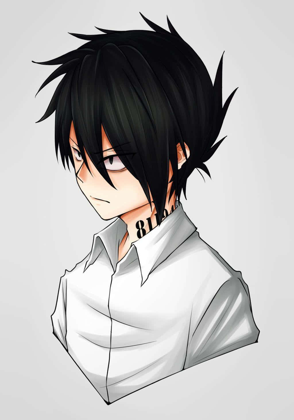 The Promised Neverland Ray 桌布 壁紙 — 動畫男孩，黑色刺蝟頭，身穿白襯衫，在純灰色背景前露出嚴厲的表情。
