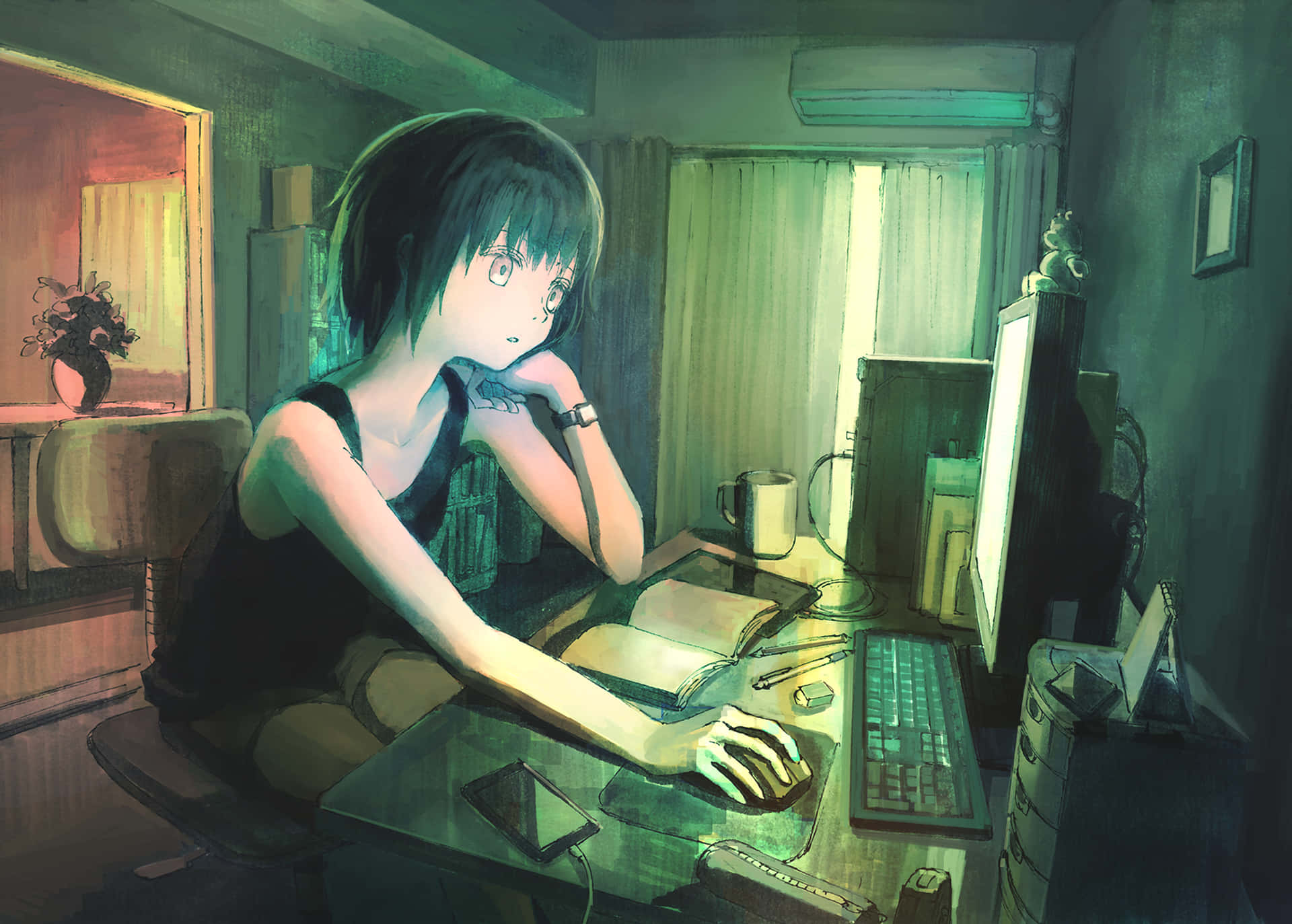 動畫男孩坐在電腦前夢想更美好的世界 壁紙 — 一個年輕的動漫女孩坐在雜亂的書桌前，房間昏暗，只有電腦顯示器的光芒照亮她，她工作到深夜。